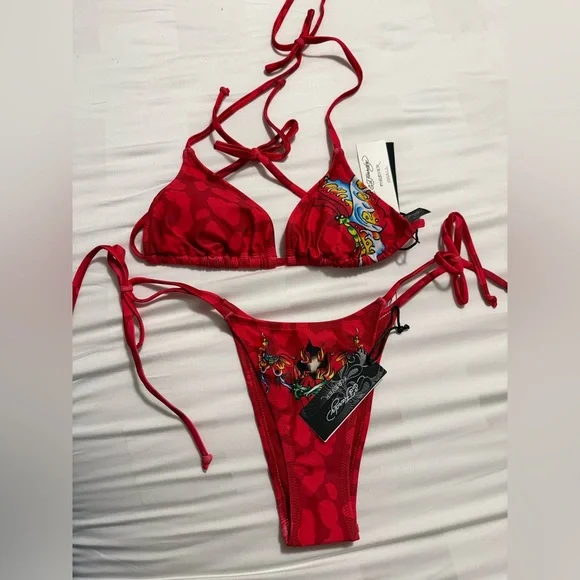Ed Hardy Vibrant Red Bikini with Tattoo Design - Picture 1 of 3